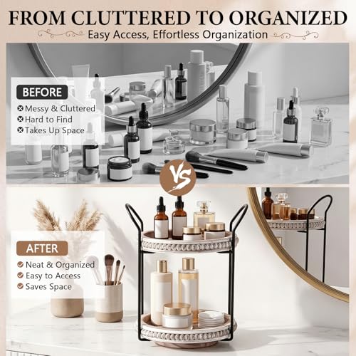 Qunclay 360 Rotating 2 Tier Wooden Tray Organizer Rustic Farmhouse Vanity Storage Large Capacity Round Organizer with Iron Frame for Cosmetics Perfume Skincare Kitchen Counter Bathroom Coffee Station