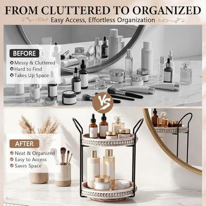 Qunclay 360 Rotating 2 Tier Wooden Tray Organizer Rustic Farmhouse Vanity Storage Large Capacity Round Organizer with Iron Frame for Cosmetics Perfume Skincare Kitchen Counter Bathroom Coffee Station
