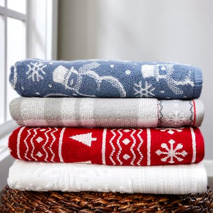 SKL Home Christmas/Winter Top Hat Snowmen Bath Towel, 100% Cotton, Blue | 550 GSM. Soft & absorbent. Reversible jacquard pattern. Great for use in the bathroom, kitchen or bar & gifting. - color: Top Hat Snowmen, style: Bath Towel