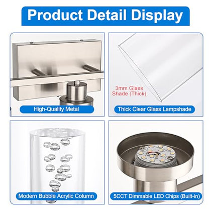 MELUCEE 4-Light LED Bathroom Lighting Fixtures Brushed Nickel,3000K-6000K | Dimmable LED Vanity Light for Bathroom Bathroom Wall Lights with Crystal Bubble Clear Glass Shade, Built-In LED Chips - color: Brushed Nickel, size: LED-4 Lights