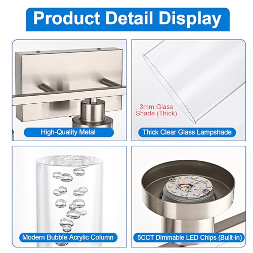 MELUCEE 6-Light LED Bathroom Vanity Light Brushed Nickel 3000K-6000K | Modern Bathroom Light Bar with Crystal Bubble Clear Glass Shade, Dimmable Bathroom Wall Sconce Lamp,Built-in LED Chips - color: Brushed Nickel, size: LED-6 Lights