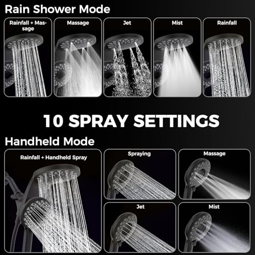 High Pressure Rain Shower Head with Handheld Spray Combo | Detachable Dual Shower Head with 10 Sprays Modes - Upgrade Knob Spray Mode Selector and Magnetic Guidance Docking System - color: Matte Black