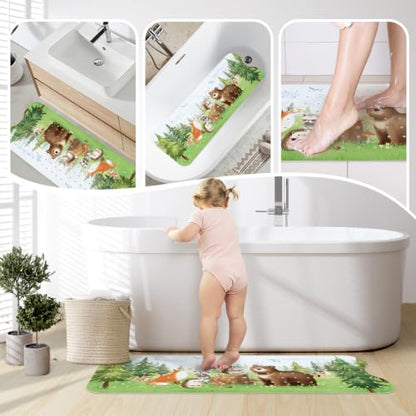 SHUCHING Baby Bath Mat for Tub Non Slip-40x16 Inch, Woodland Animal | Bathtub Mat for Kids & Toddler Mold Free, Long Shower Mat for Inside Shower with Suction Cup, Machine Washable - color: Pine Animal