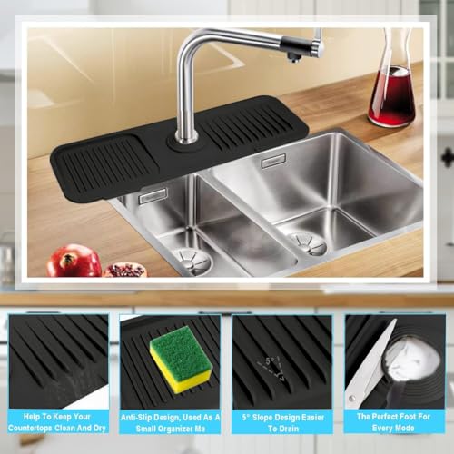 Sink Splash Guard Silicone Sink Faucet Mat Sink Accessories | for Kitchen, Bathroom, Sink Sponge Holder (Black) - color: Black