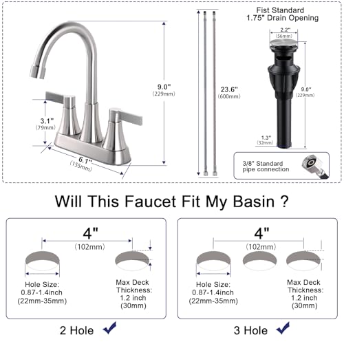 Brushed Nickel Bathroom Faucet 3 Hole, VAPSINT 4 Inch Centerset Bathroom Faucet, 2 Handle Stainless Steel Vanity Faucet for Vanity Lavatory RV with Pop-up Drain and 2 Supply Hoses - color: Brushed Nickel