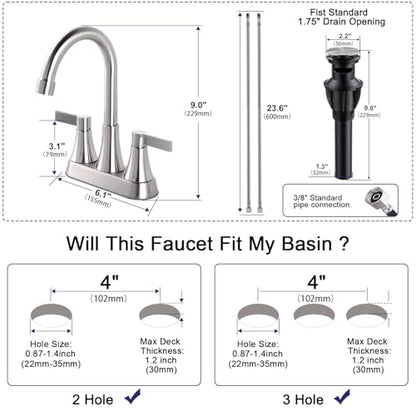 Brushed Nickel Bathroom Faucet 3 Hole, VAPSINT 4 Inch Centerset Bathroom Faucet, 2 Handle Stainless Steel Vanity Faucet for Vanity Lavatory RV with Pop-up Drain and 2 Supply Hoses - color: Brushed Nickel