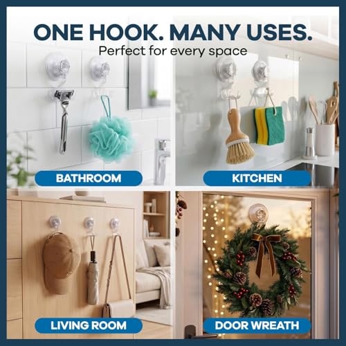 HOME&I Clear Suction Cup Razor Holder for Shower, 2 Pack Double Hook Bathroom Organizer, Quick Press-On Installation, Drill-Free Wall Mount for Razor, Loofah, Washcloth & Bath Accessories - style: Push Lock+Double Hook