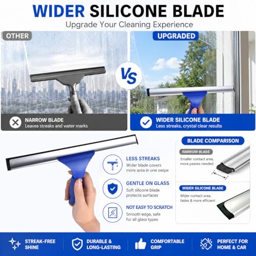Window Squeegee with 2 Sets Separate Pole, 12" Rubber Squeegee and 11" Microfiber Pads, 60"-73.6" Telescopic Window Cleaning Kit with Rotating Head for High Windows, Shower Glass, Car Windshield - color: White&blue