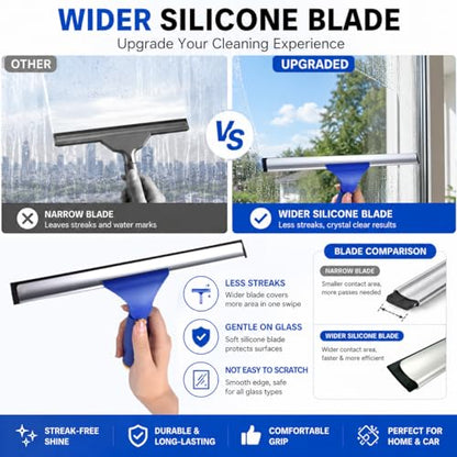 Window Squeegee with 75" Extension Pole, ITTAR Rubber Water Wiper for Glass | Durable Stainless Steel Rod, Rotatable Head for Window Edge, Chenille & Microfiber Pad, Squeegee for Variety Cleaning Needs - color: Blue&white-4