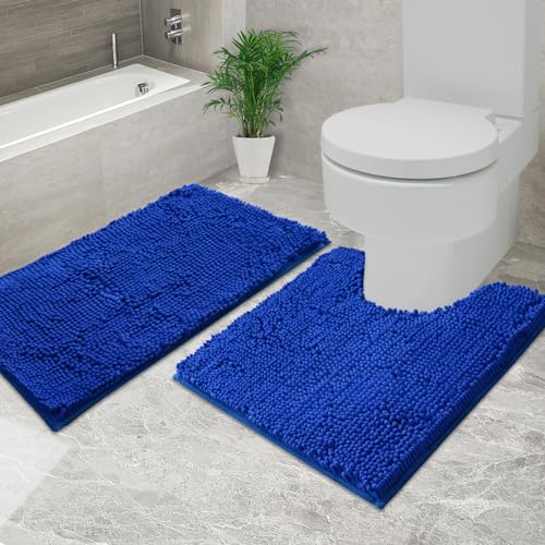 Bathroom Rugs Chenille, Extra Thick and Absorbent, Non-Slip, Machine Washable, Dry Quckily, Soft Cozy Plush, Used Under Shower Bathtub and Sink, Bath mat Sets Royal - color: Royal Blue, size: 20 x 32 inch + 20 x 20 inch (U-Shape)