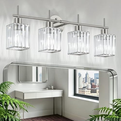 Brushed Nickel Bathroom Light Fixtures, Square, 4-Light | Vanity Lights with Crystal Shades, Modern Bathroom Lighting Fixtures over Mirror (Bulbs Not Included, E26) - color: Brushed Nickel (Square), size: 4-Light
