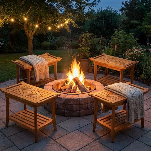 Teak Shower Bench Stool Seat, w/Leveling Feet, Waterproof, Teak Oil Finish | Xtra-Comfortable, 25” Wide 19” Tall 14” Deep, for Indoor/Outdoor Shower, Front Entrance, Spa, Sauna, Pool Deck, Patio, Garden