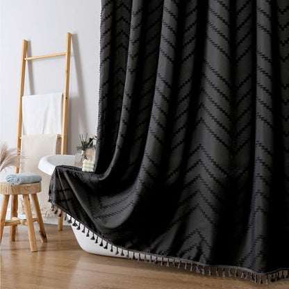 Extra Long Black Boho Shower Curtain, Chic Tufted Chevron Striped Textured Cloth Fabric Shower Curtains with Tassel for Bathroom, Soft Hotel Style Farmhouse, Machine Washable, 72x96 - color: Black, size: 72"W x 96"L (Pack of 1)