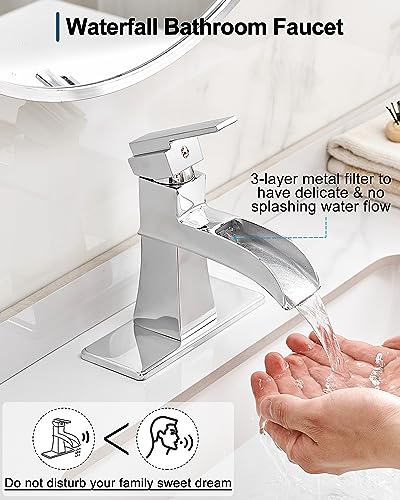 Waterfall Chrome Bathroom Faucet, Brass 4 Inch Bathroom Faucets One Hole or 3 Hole, Single Handle with PP Drain, Deck Plate, Hot and Cold Supply Hoses for RV Lavatory Restroom, 5 Mins Install - color: Chrome