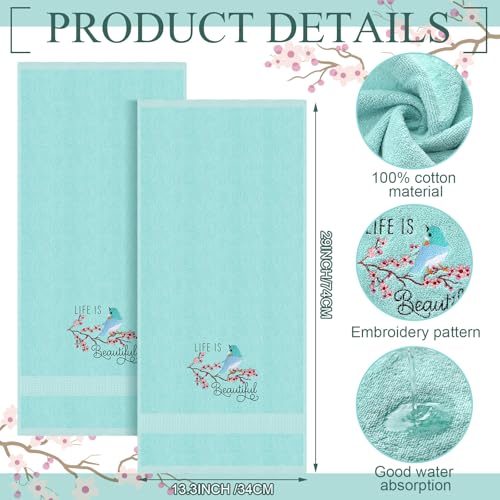 SmoothNovelty 2 Pcs Bird Hand Towels Mint Green Bathroom Decor 14x29 Inch Embroidered 100% Cotton Soft Absorbent Spring Summer Decorative Hand Towels for Bathroom Kitchen - style: Bird