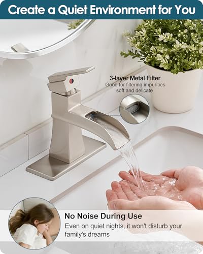 Single Hole Bathroom Faucet 3 Hole (4 Inch), Brass Waterfall Faucet Single Handle, Bathroom Faucets Brushed Nickel Bathroom Sink Faucet with Deck Plate & Pre-Install Hoses Without Pop-up Drain - color: Brushed Nickel - Classic