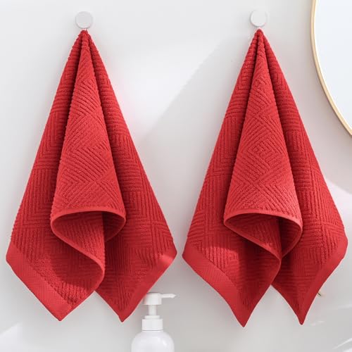 sense gnosis Red Hand Towel Set of 2 Striped Weave 13 X 29 Inch | Premium 100% Cotton Herringbone Pattern Ultra Soft Highly Absorbent Hand Towel for Bathroom - color: Red