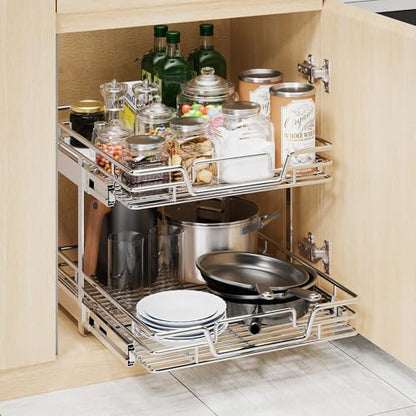 2-Tier Kitchen Cabinet Pull Out Shelf and Drawer Organizer Slide Out Pantry Storaqe Basket in Multiple Sizes (19" W x 21" D) - size: 19" W x 21" D