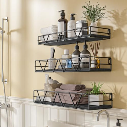Floating Shelves Set of 3, Wood Wall Shelf, Farmhouse Shelf for Bedroom | Wall Mounted Floating Shelf for Living Room, Bedroom, Bathroom, Kitchen, Office - color: Black 2