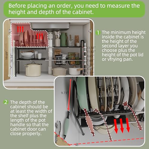 Expandable Under Sink Organizer，Pot and pan Organizer Under Cabinet | Pan Lid Organizer,Expandable Storage shelf with Pan Rack（7 Dividers）,2 Baskets and 4 Panels,Adjustable partition height - size: Multi-functional with pot holder