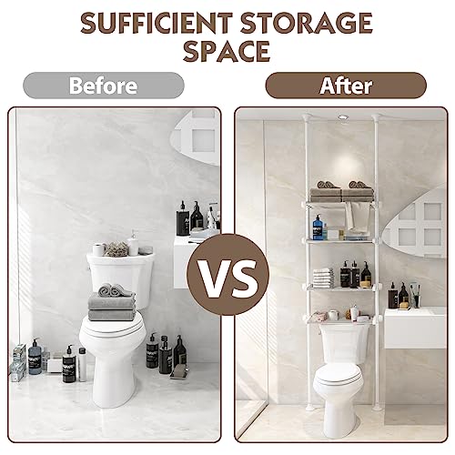 YeYeBest Over The Toilet Storage, Bathroom Organizer 4-Tier Adjustable Shelves for Small Room, Saver Space, 91 to 124 Inch Tall Stainless Steel White
