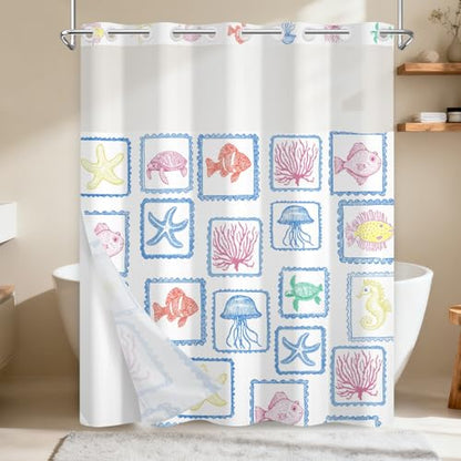 Double Layer Shower Curtains, No-Hook Cute Shower Curtain with Snap-in Weighted Shower Curtain Liner, Water Repellent & Quick-Dry Bath Tub Curtain, Cartoon Ocean Creature Stamp Pattern, 71"W x74"L - color: Ocean Stamps