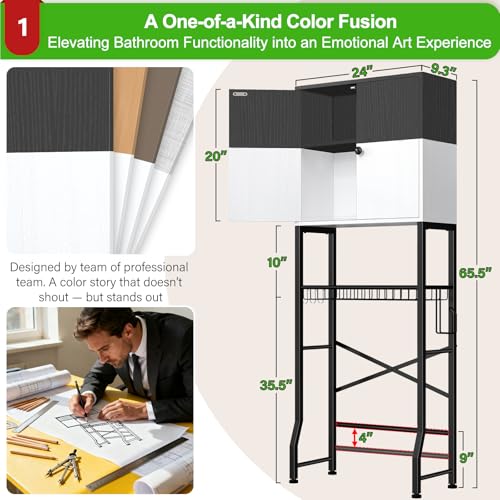 Over-The-Toilet Storage Rack, 4-Tier Bathroom Organizer Shelf Over Toilet with Barn Doors Cabinet and Basket, Freestanding Space Saver Bathroom Shelves with Paper Holder Above Toilet (Black & White) - color: Black White