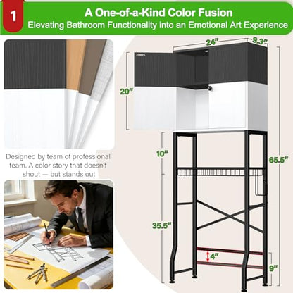 Over-The-Toilet Storage Rack, 4-Tier Bathroom Organizer Shelf Over Toilet with Barn Doors Cabinet and Basket, Freestanding Space Saver Bathroom Shelves with Paper Holder Above Toilet (Black & White) - color: Black White