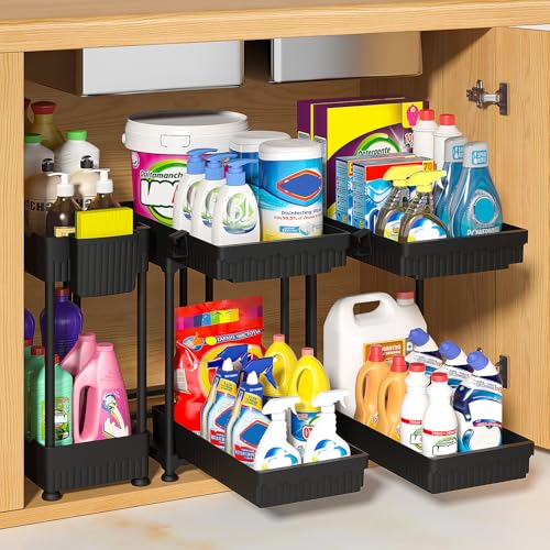 Sevenblue 3-Pack 2-Tier Under Sink Organizers with Sliding Drawers | Multi-use kitchen & bathroom storage, 12.8 inch 2-Tier Sliding cabinet organizer, space-saving sliding drawer design. - color: Black 2-Tier Sliding, size: 12.8 Inch