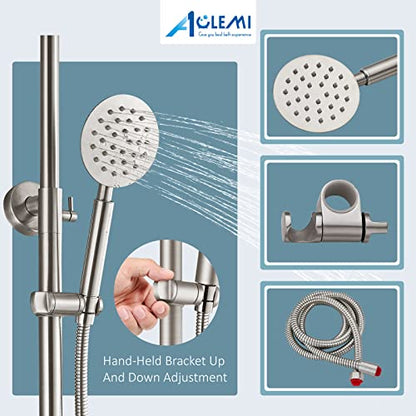 Aolemi Outdoor Shower Kit SUS304 with Round Handheld Brushed Nickel | 2 Function,8 Inch Head,Round Handheld Spray,Adjustable Height,Outside Exposed Shower Fixture,Single Handle,Wall Mount - color: Nickel