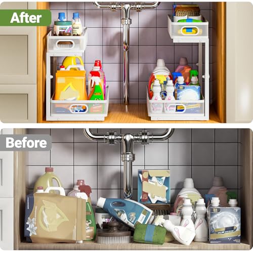 Under Sink Organizer 4-Pack, Metal 2-Tier Pull-Out Cabinet Shelf with Slide-Out Mesh Drawers, Height Adjustable, Space-Saving Storage Racks for Kitchen, Bathroom, Laundry Room, White - color: White-4 Pack