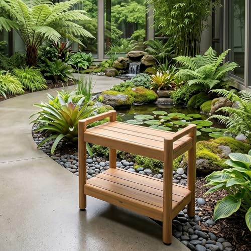 Asta Select Solid Teak 20" Shower Bench with Arms, Portable Teak Wood Spa/Shower/Outdoor Bench with Storage Shelf, Accent Side Table, Fully Assembled, ST-61A