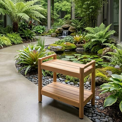 Asta Select Solid Teak 20" Shower Bench with Arms, Portable Teak Wood Spa/Shower/Outdoor Bench with Storage Shelf, Accent Side Table, Fully Assembled, ST-61A