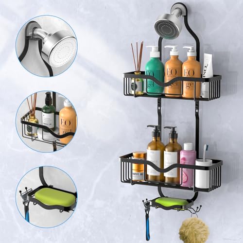 Shower Caddy Hanging, Bathroom Organizer Rack, Shower Rack with Soap Dish, Over The Showerhead Caddy with Hooks for Razor/Sponge, Matte Black (Assembly Required) - color: Matte Black