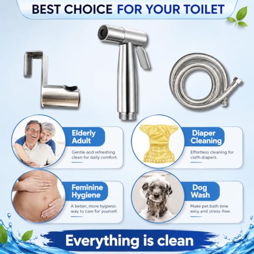 Multifunctional 304 Stainless Steel Bidet Sprayer for Toilet- Bathroom Handheld Bidet Jet Water Sprayer for Feminine Wash, Cloth Diaper with Hose and Toilet Mount - Muslim Shower - All-in-One!