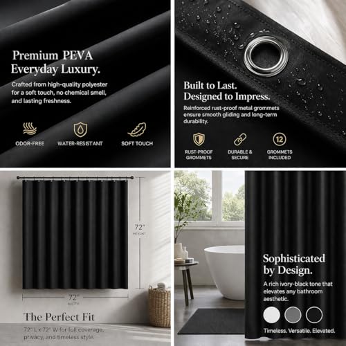 EHZNZIE Black Shower Curtain Liner 72x72, PEVA Waterproof Bath Curtain, No Chemical Smell, 3 Weighted Magnets, Durable with Rustproof Metal Grommets - color: Black, size: 72"W x 72"L (Pack of 1)