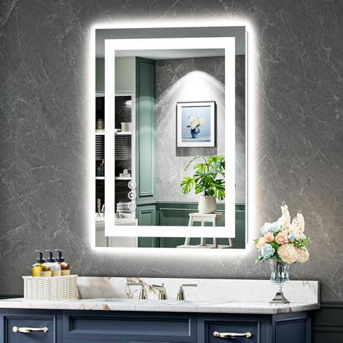 20x28 Inch LED Bathroom Mirror with Lights Front and Backlit Lighted Vanity Mirror for Bathroom Wall with 3 Colors Dimmable Anti-Fog Memory Shatter-Proof IP54 Waterproof Horizontal/Vertical - color: Backlit+front Lit, size: 28"L x 20"W