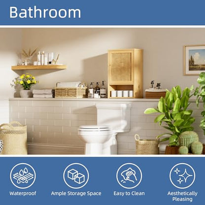 HITNET Bathroom Wall Cabinet, Rattan Medicine Cabinet, Bamboo Hanging Storage Organizer Over The Toilet with Adjustable Shelf for Living Room, Kitchen, Hallway(Natural) - color: Natural