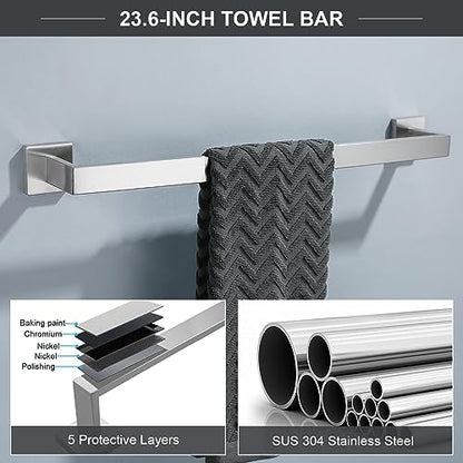 TQKAG 6-Piece Towel Bar Set, 23.6 Inch Bathroom Hardware Set Brushed Nickel | Stainless Steel, Wall Mounted, Nickel Bathroom Accessories Include Toilet Paper Holder Wall, Towel Bar, Towel Ring, Coat Hook - color: Brushed Nickel, size: 6-Pieces Set-A
