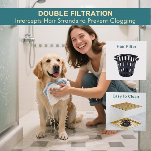 4" Square Shower Drain Kit, Champagne Bronze | ABS Flange & Hair Catcher, Low Profile Floor Drain, 304 Stainless Steel, Fits 2"/3" Pipes - color: Champagne Bronze