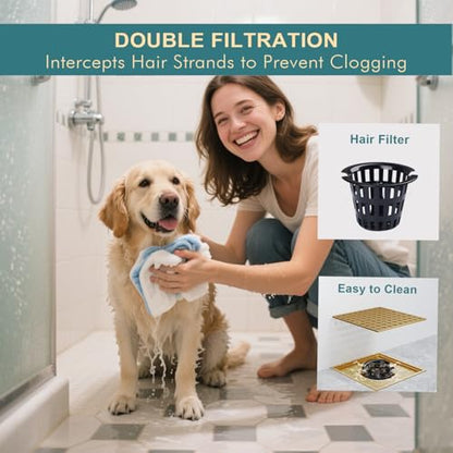 4" Square Shower Drain Kit, Champagne Bronze | ABS Flange & Hair Catcher, Low Profile Floor Drain, 304 Stainless Steel, Fits 2"/3" Pipes - color: Champagne Bronze