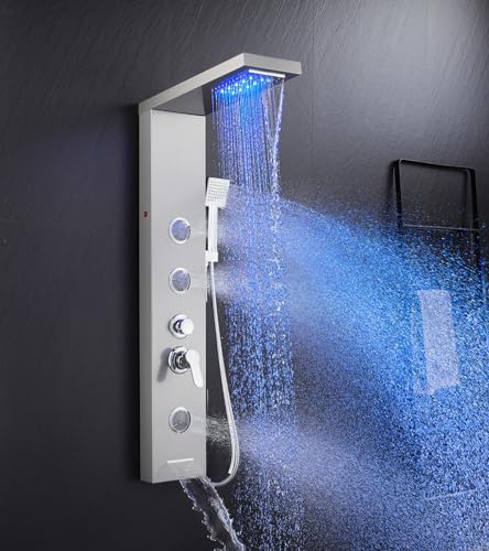 5 in 1 Shower Panel Tower System with LED Lights, Rainfall and Waterfall Shower Head, 3 Pcs Adjustable Body Jets, Handheld Shower, Tub Spout (Brushed Nickel) - color: Brushed Nickel - 2-in-1 Body Jets
