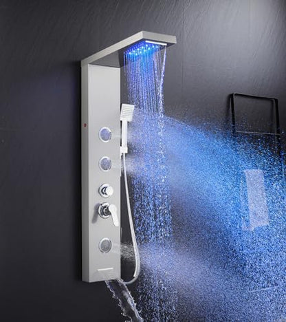 5 in 1 Shower Panel Tower System with LED Lights, Rainfall and Waterfall Shower Head, 3 Pcs Adjustable Body Jets, Handheld Shower, Tub Spout (Brushed Nickel) - color: Brushed Nickel - 2-in-1 Body Jets
