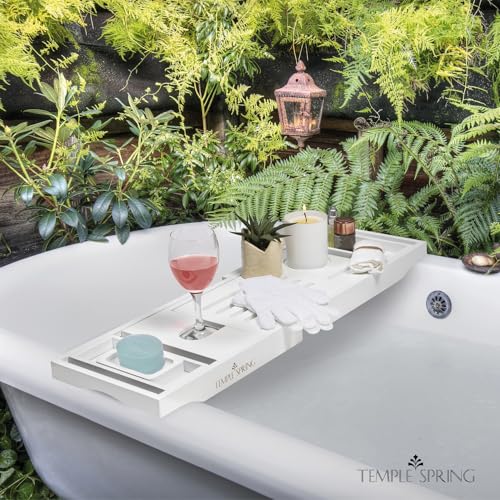 Bamboo Bathtub Tray Caddy for Tub — Expandable Wood Bath Tray with Solid Book Stand Wine Holder and Non-Slip Pads — Includes Bamboo Soap Dish and Spa Accessories — Luxury Bath Gift Set - color: White