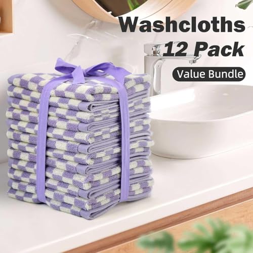 Jacquotha Cotton Washcloth 12 Pack (Lilac Checkered) | Soft Absorbent Washcloths Facecloth, Cotton Face Towels Set for Body Showering 13x13 Inches - color: Lilac