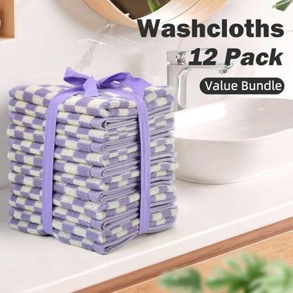 Jacquotha Cotton Washcloth 12 Pack (Lilac Checkered) | Soft Absorbent Washcloths Facecloth, Cotton Face Towels Set for Body Showering 13x13 Inches - color: Lilac