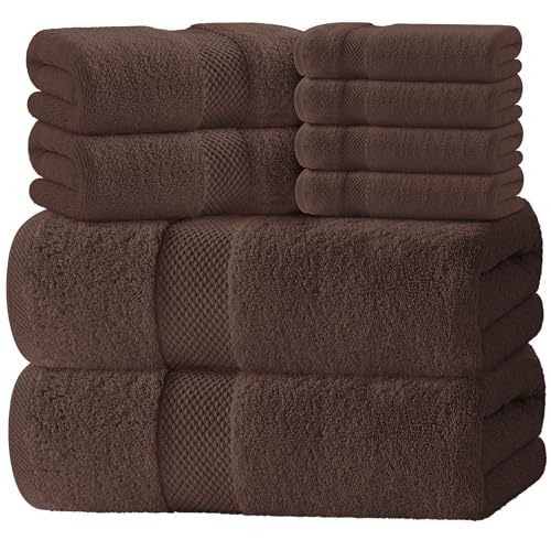 White Classic Luxury Bath Towel Set of 8 Pieces - 100% Turkish Cotton Highly Absorbent Towels for Bathroom, 2 Luxury Bath Towels 700GSM, 2 Hand Towels, 4 Washcloths, Brown - color: 19: Brown