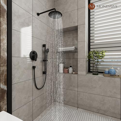 MONDAWE 9 Inch Wall Mounted Shower Faucet Set in Matte Black, Rainfall Shower Head with 3-Setting Handheld Spray Shower Set Combo, High Pressure Shower System with Solid Brass Valve - color: Matte Black, style: 9 IN - Without Tub Spout
