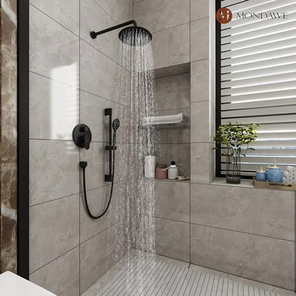 MONDAWE 9 Inch Wall Mounted Shower Faucet Set in Matte Black, Rainfall Shower Head with 3-Setting Handheld Spray Shower Set Combo, High Pressure Shower System with Solid Brass Valve - color: Matte Black, style: 9 IN - Without Tub Spout