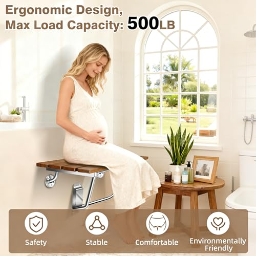 20'' Folding Shower Seat Wall Mounted, 500lb Load Capacity, Space-Saving | Folding Shower Bench with Stainless Steel Bracket, for Elderly, Pregnant Women, Kids, Disabled - size: 20 inches
